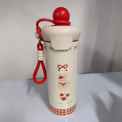 Cute Cat Thermal Water Bottle With Straw Bow Sticker Stainless Steel Thermos For Hot Cold Water Coffee Tea Thermal Cup 600ml