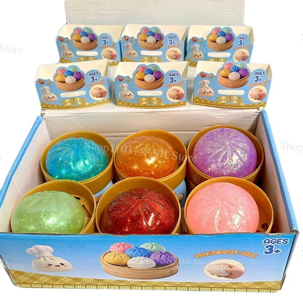 Colorful Dumpling Squishes Stress Balls Fidget Sensory Toys Simulation Food Squishies Bun with Steamer Squeeze Dough Ball Gifts