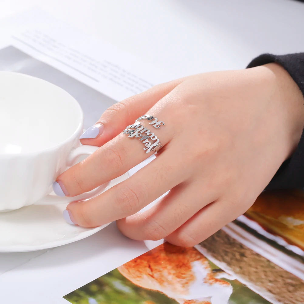Custom Double First Name Finger Ring For Women Men Personalized Couple Wedding Gift Gold Color Stainless Steel Open Ring Jewelry
