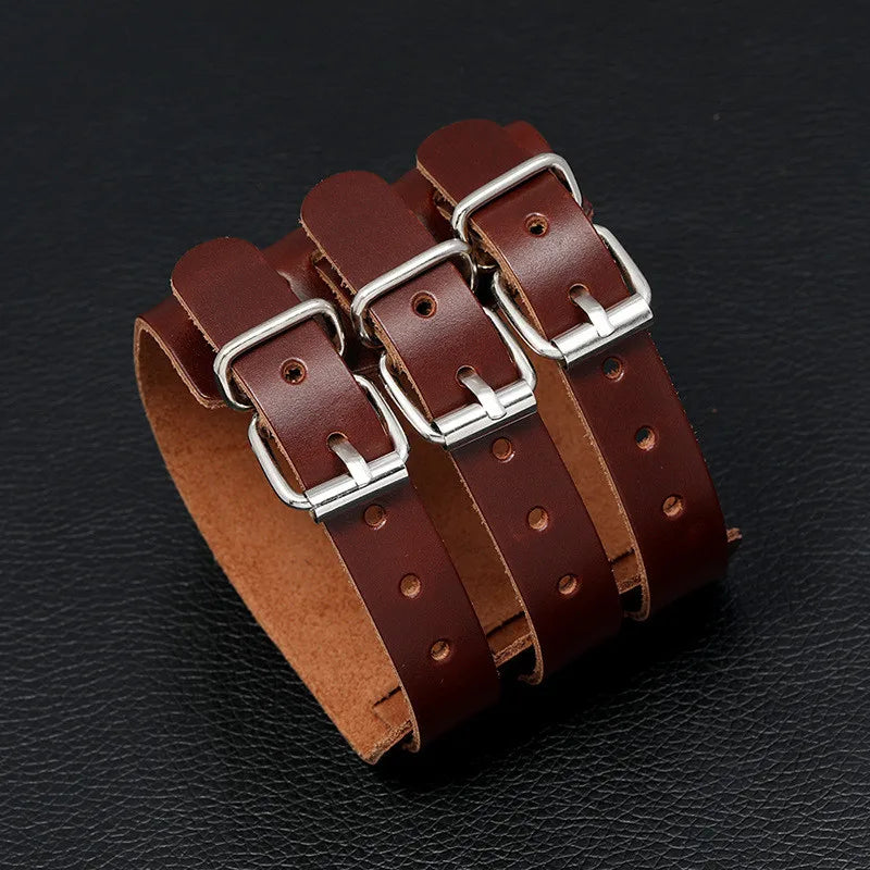 KOTik 2024 New Fashion Genuine Leather Wide Cuff Bangles Punk Vintage Three Layers Wide Black Brown Men Jewelry Bracelets
