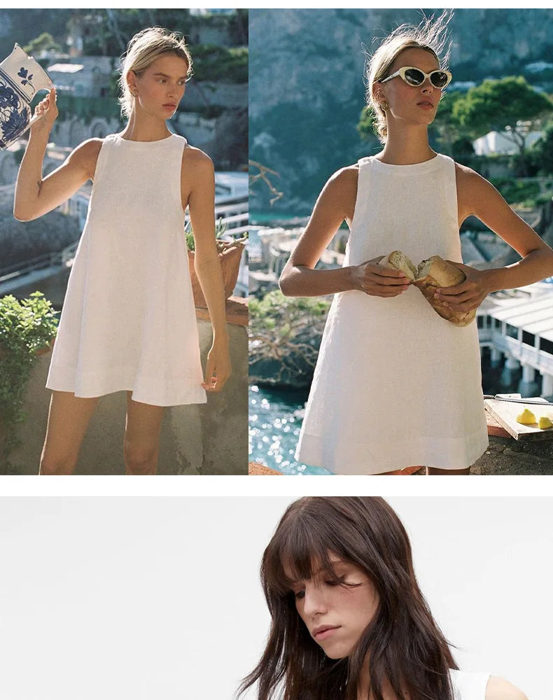 Classic Solid Color Cotton-Linen Women's Dress New Arrival Simple Sleeveless Tank Dress Casual Round-Neck Summer Dresses