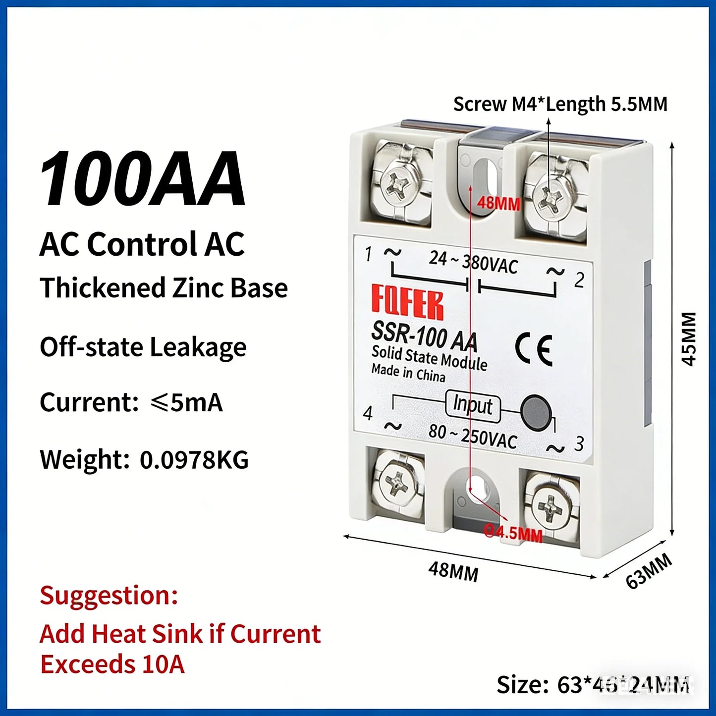 SSR-25AA 40AA 60AA AC Solid State Relay Single Phase AC-AC 80-250VAC Input 24-380VAC Output