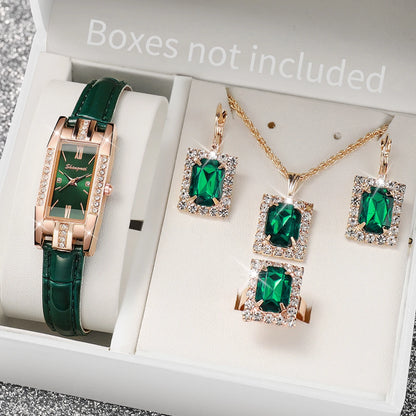 Synthetic Diamond Jewelry Set White Woman, Watch, Trendy Style, Gift for Girlfriend, Spine, Woman, 5 Pieces Per Set
