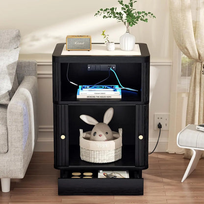Night Stand With Charger Station, Modern Nightstand Set Of 2 With Hidden Drawer, Saddle Leather Top, Smart LED, And, Customized