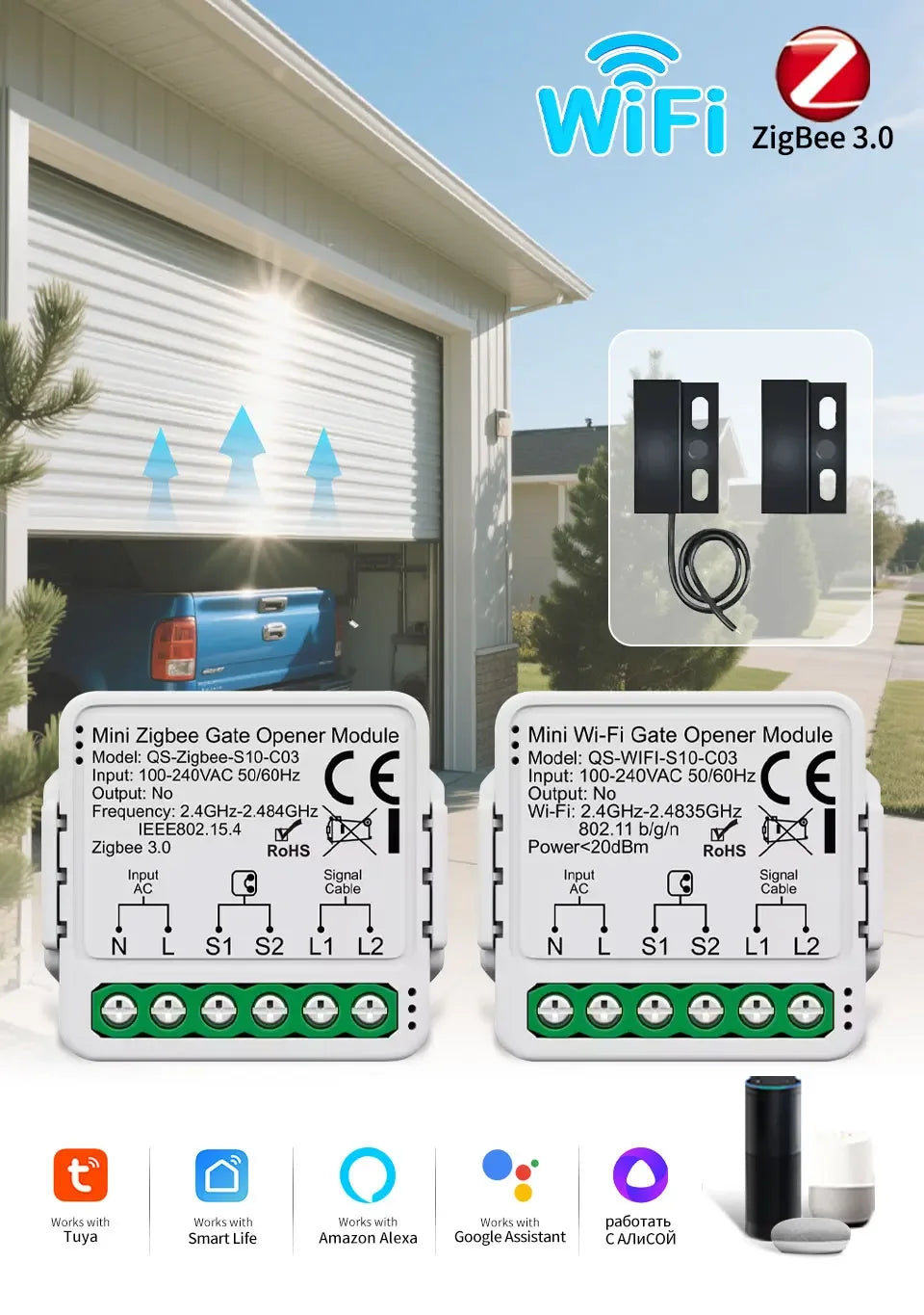 100-240V Tuya Zigbee WiFi Gate Opener Module Smart Garage Door Controller Switch Smart Life App Remote Control Alexa Google Home
