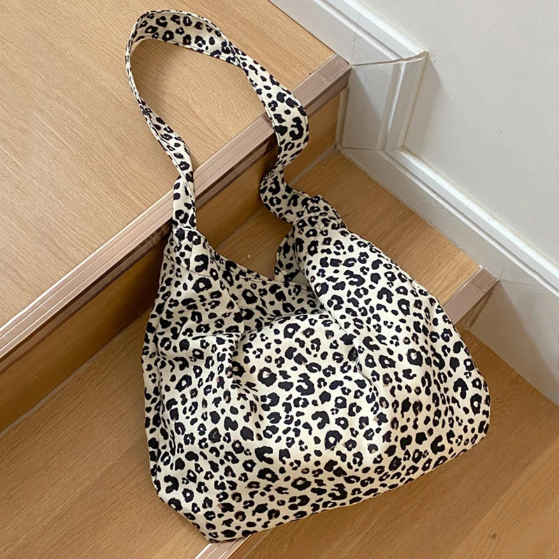 Female Leopard Print Messenger Bag Modern Shoulder Canvas Bag Student Diagonal Large Capacity Straddle Bag