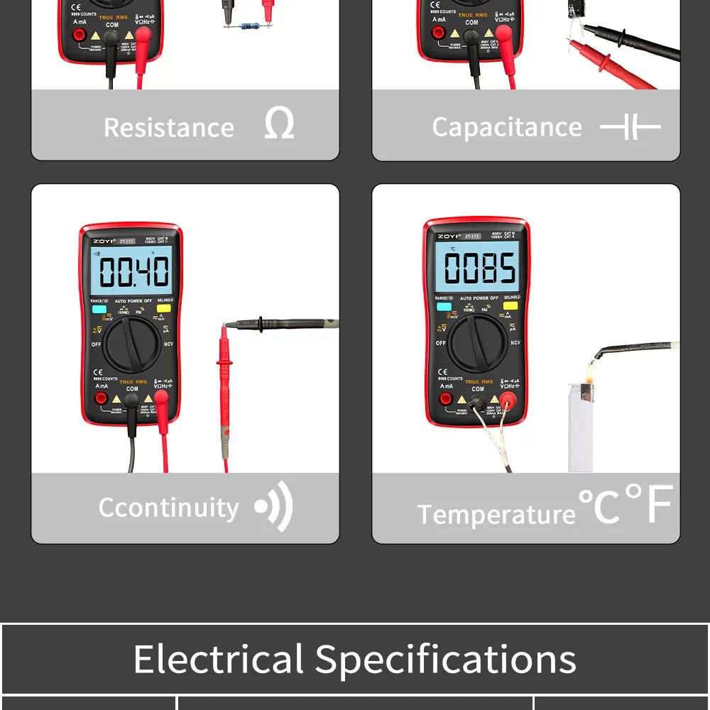 ZOYI 9999 Counts True RMS Digital Multimeter Auto Range Anti-Burn NCV AC DC Voltage Current Temperature Electrician Tester