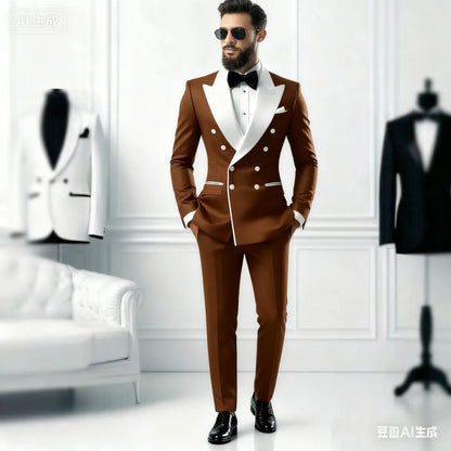 2-Piece Men's Casual Smolking Set with White Lapel Blazer And Black Pants Wedding Groomsmen Suit for Ceremony And Festa