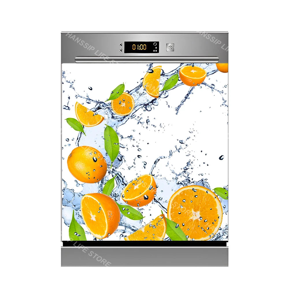 Water Splash Delicious Fruit Printed Dishwasher Sticker Wallpaper Kitchen Waterproof Dishwashing Cabinet Cover Decal Poster