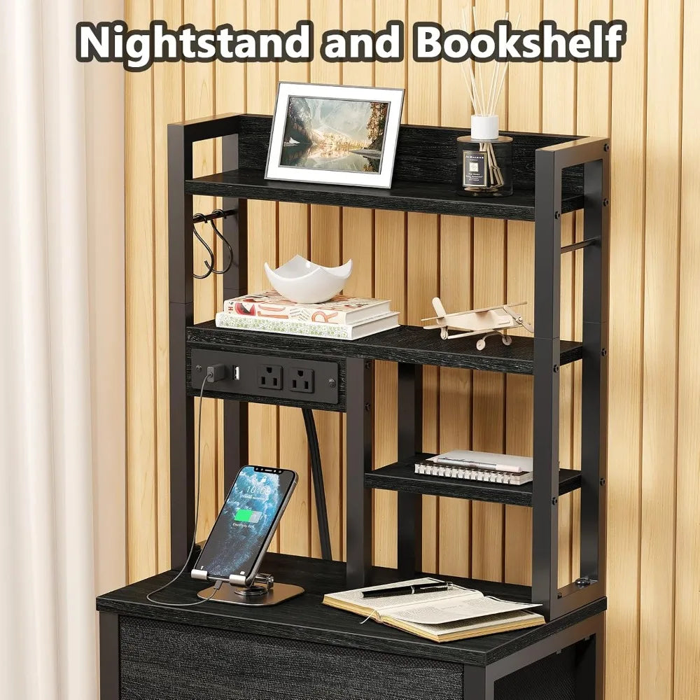 Set of 2 Tall Nightstands With Charging Station & USB Ports, 4 Fabric Drawers & LED Lights, Custom
