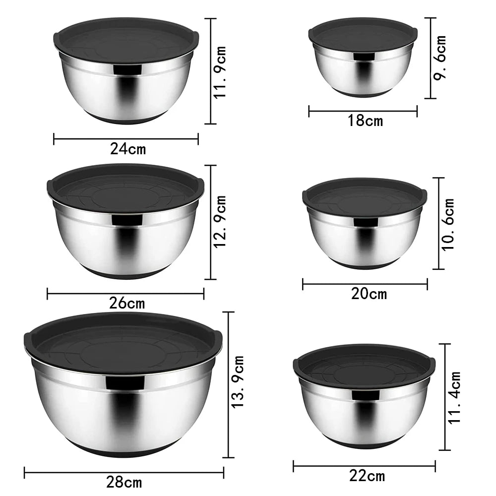 LMETJMA 6 Pcs Stainless Steel Mixing Bowls with Black Lids Kitchen Nesting Salad Mixing Bowl With Non-slip Silicone Bottom JT327