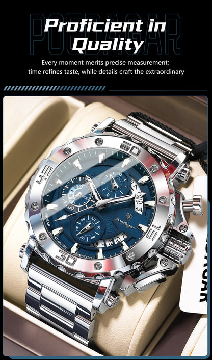 POEDAGAR Top Business Men's Wristwatch Luminous Waterproof Man Clock Chronograph Calendar Stainless Steel Quartz Watches For Men