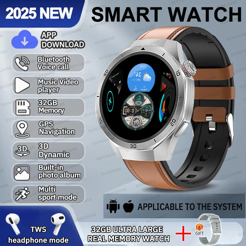 2025 NEW Fashion Men 32GB Big Memory SmartWatch APP Download TWS 3D Menu GPS Navigation Video Play Motion HD Call Watch GUHUAVMI