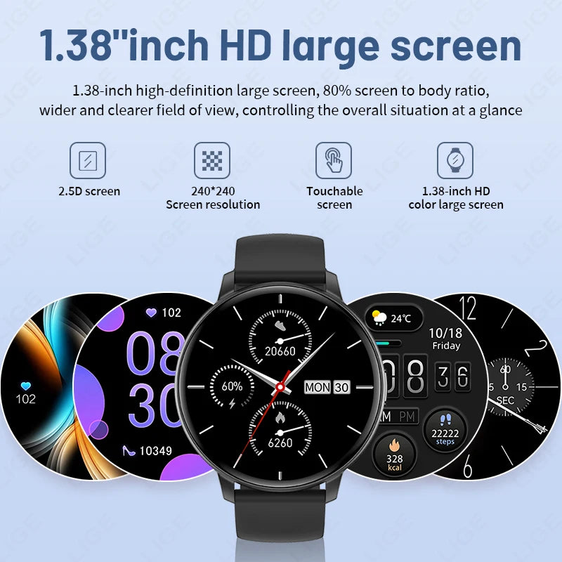 LIGE New Smart Watch Men Bluetooth Call Heart Rate Blood Oxygen Monitoring IP67 Waterproof Sports Men Smartwatch for Android ios