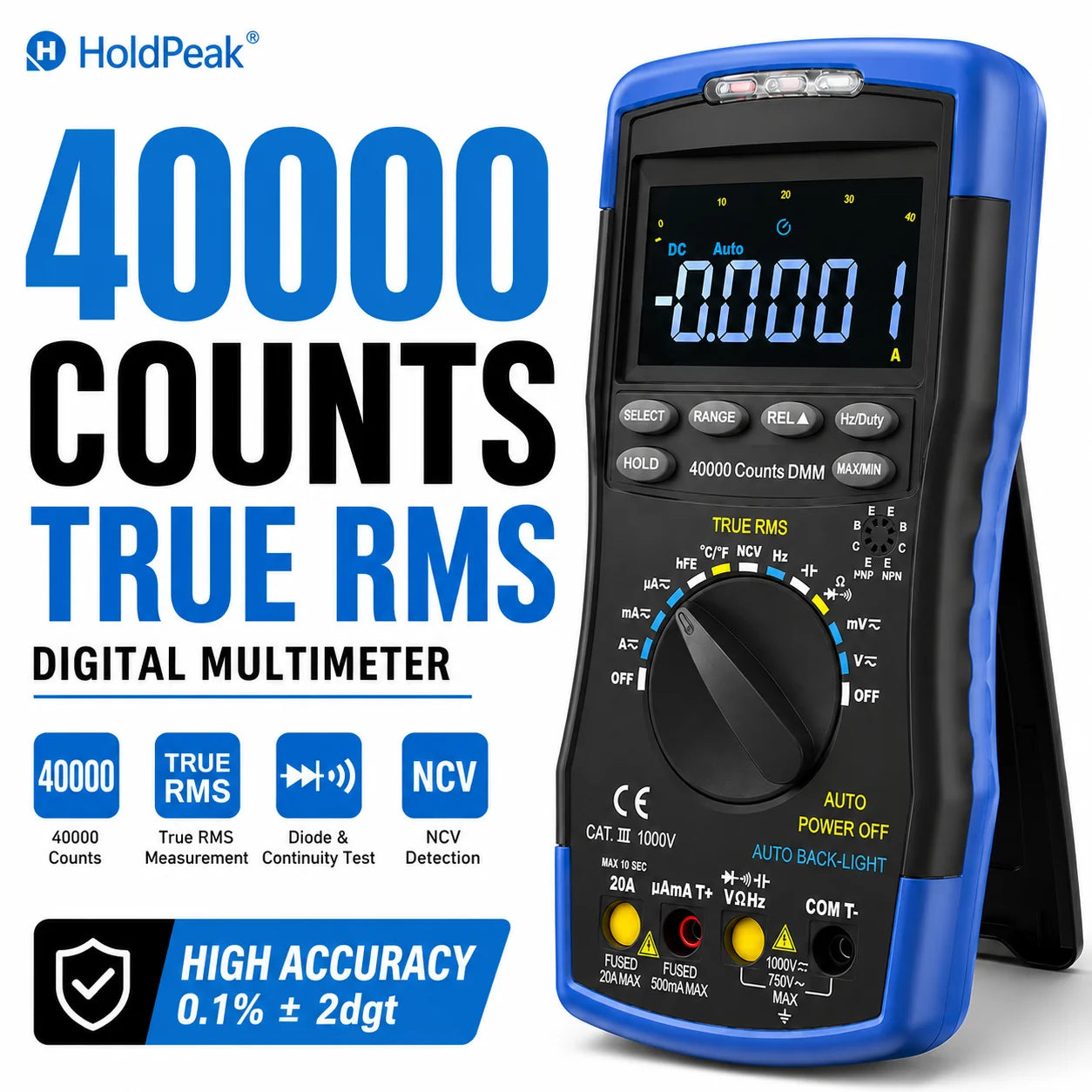 HP-770D-C LCD Digital Multimeter - True RMS Auto Range for AC/DC Voltage, Ohm, Amp & Capacitor (40,000 Counts)