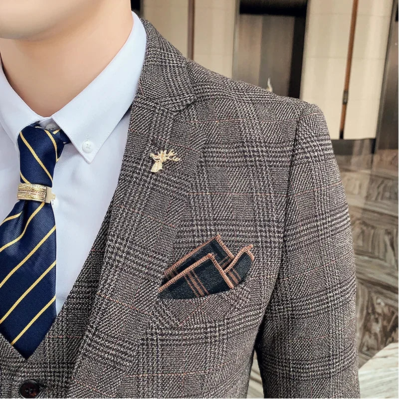 Boutique Suits (Blazer+ Vest + Pants) Men Fashion Hosting Work Business Wedding Casual Linen Art Style Elegant Gentleman's Suit