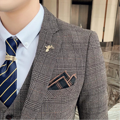 Boutique Suits (Blazer+ Vest + Pants) Men Fashion Hosting Work Business Wedding Casual Linen Art Style Elegant Gentleman's Suit