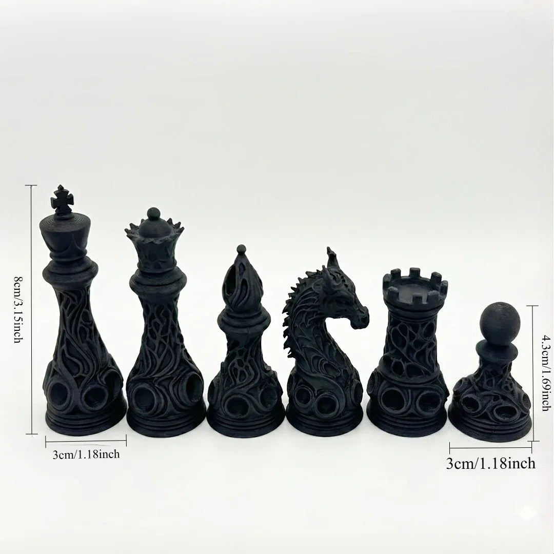32pcs Gothic Dragon Chess Pieces Set Black White 3D Printed Hollow Design Tabletop Ornament Gift for Chess Lovers