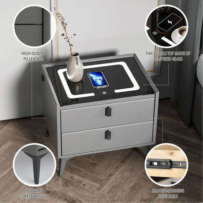 1Pcs Gray Bedside Table with Wireless Charging & USB Charging Station, Led Bedside Table with 2 Drawers, Smart Nightstand Organizer for Bedroom Use