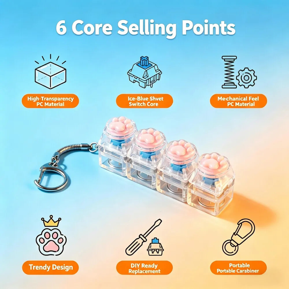 NEW LED Keyboard Keychain Fidget Toy Crystal Clicker Sensory Toy for Stress Relief Keyboard Keychain Fidget Gadget for Adults