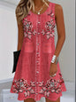 Women's Casual Floral Print Imitation Denim Dress, Blue And White Round Neck Summer Dress, Simple Design Women's Dress