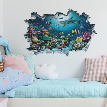New 3D Wall Stickers Shark Broken Wall Aquarium Ocean Wall Stickers for Kids Rooms Bathroom Kitchen Home Decor Cartoon