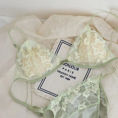 French Lace Bralette Small Bust Women Wireless Ultra Thin Sexy Embroidery Mesh No Underwire Push Up Comfort Bra Set BANERDANNI