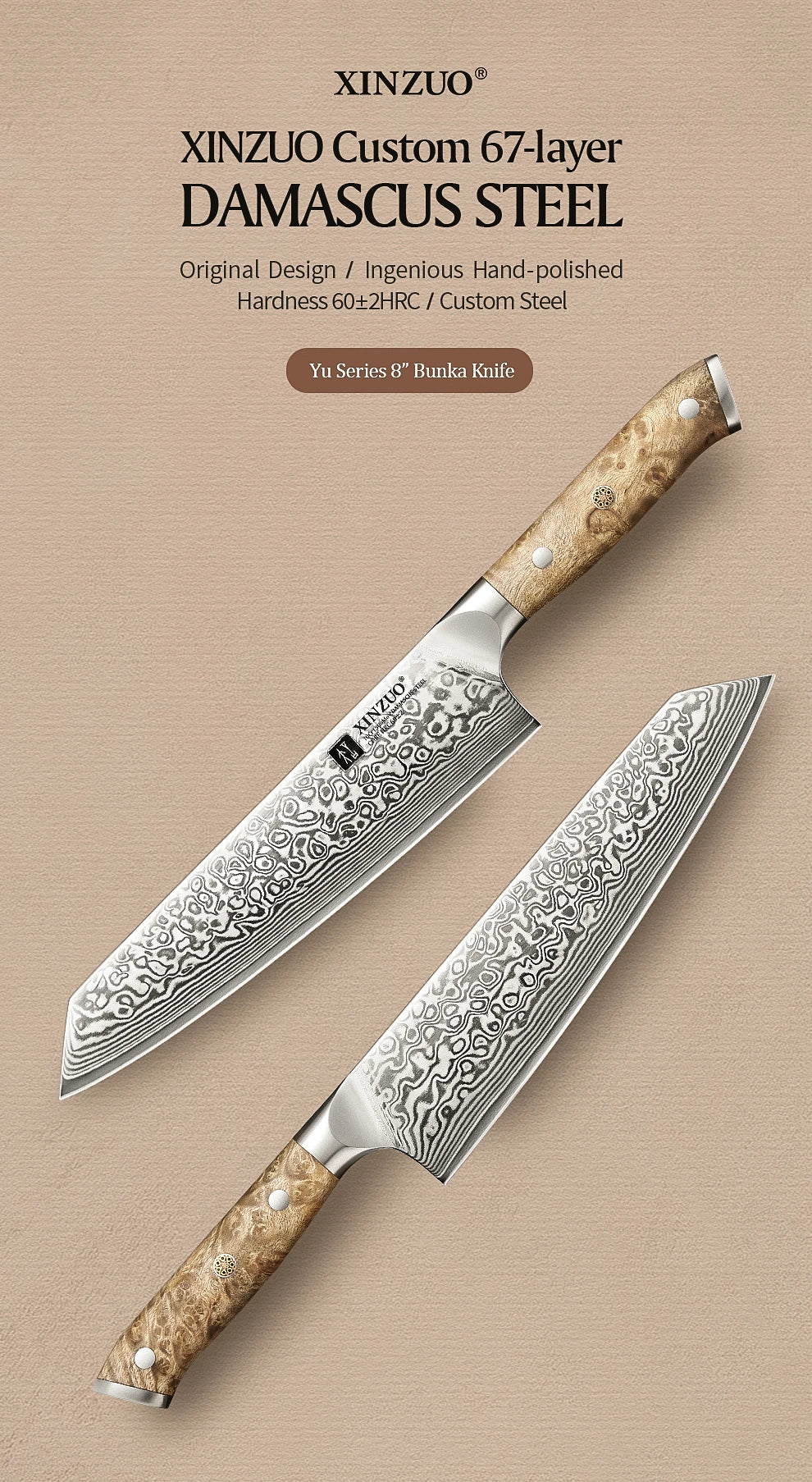 XINZUO Bunka Knife 8.3 Inches 67 Layers Damascus Steel Handcrafted Kitchen Tool Figured Sycamore Wood Handle High-end Gifts