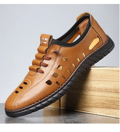 Men's Comfortable Breathable Business Hollow Loafers Slip-On Soft Bottom Sandals Easy Wear Hole Hole Shoes-HT2273