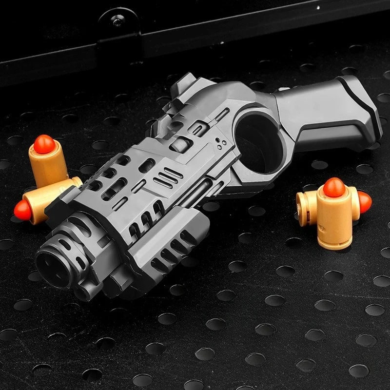 Shootable Toy Pistol with 1-Button Shell Ejection and Card Pushing Function, Black Technology Mini Handgun for Stress Relief