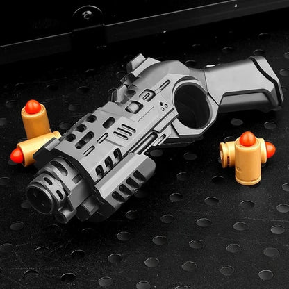 Shootable Toy Pistol with 1-Button Shell Ejection and Card Pushing Function, Black Technology Mini Handgun for Stress Relief