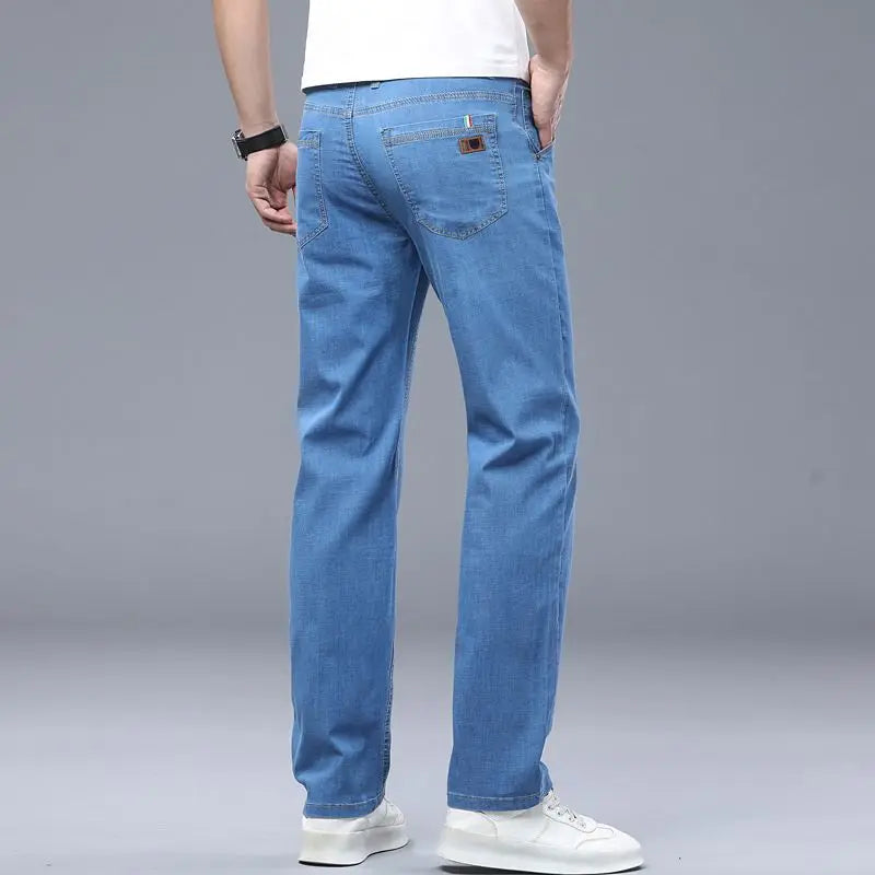 Classic Style Summer Men's Light Blue Thin Straight Jeans Business Casual Stretch Denim Pants Male Brand Loose Trousers
