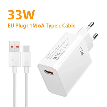 33W USB Fast Charger 6A Type-C Cable QC 3.0 Mobile Phone Adapter For Samsung Xiaomi iPhone EU US Plug Wall Travel USB Charger
