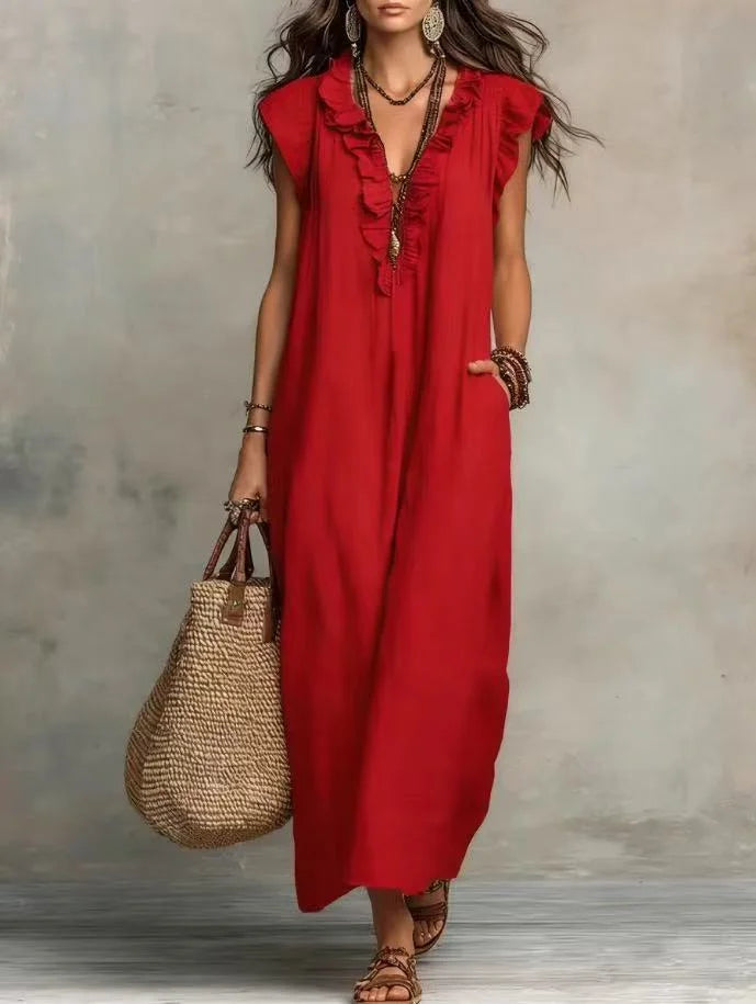 2026 Summer Women Boho Cotton Linen Maxi Dress Solid Color Ruffle V Neck Sleeveless Loose Long Dresses With Pockets Casual Beach