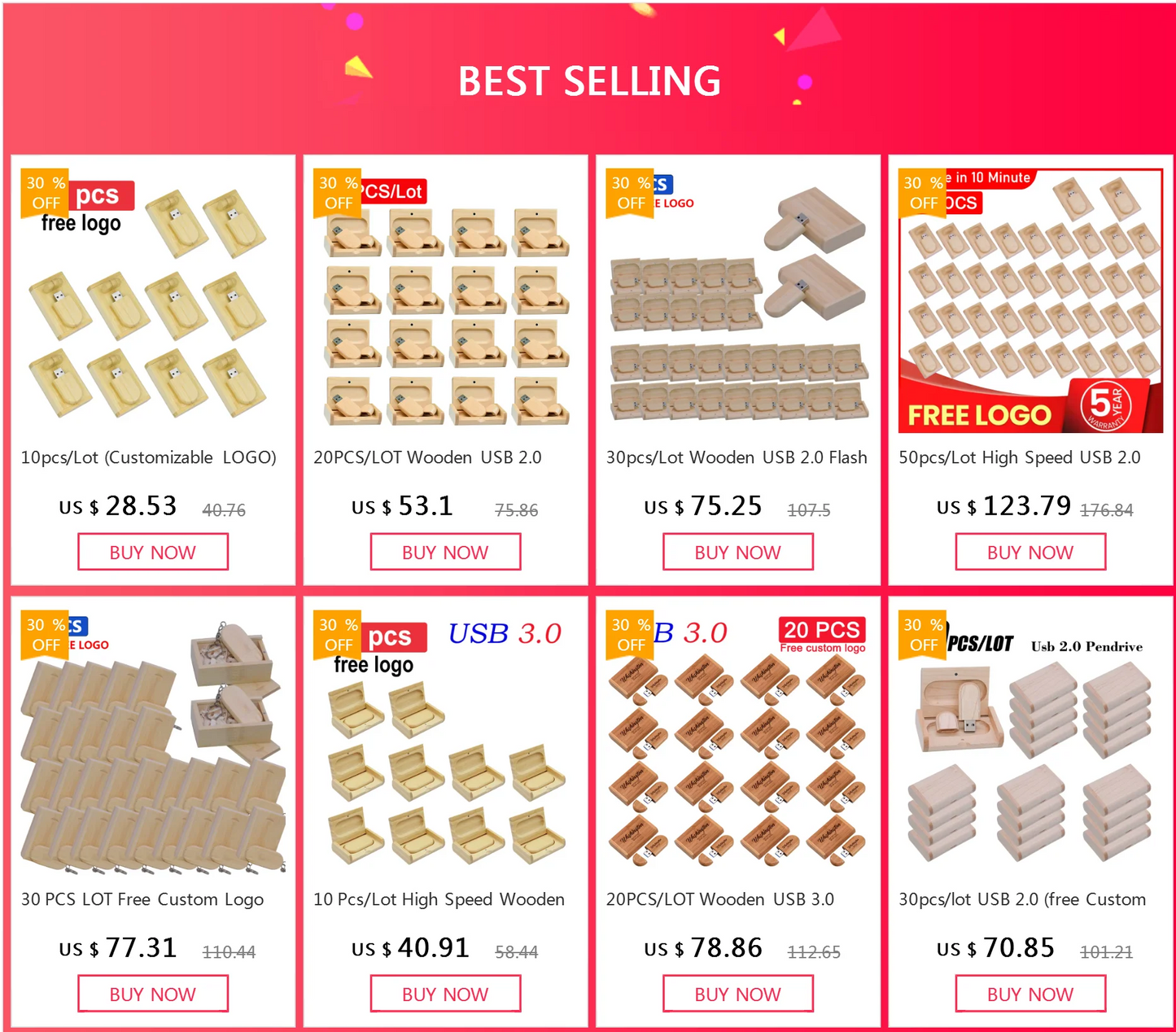 Customize Brand Logo Wood Pendrive Usb Flash Pen Drive USB 2.0 4GB 8GB 16GB Memory Stick 32GB 128MB Gifts (Over 10pcs Free Logo)