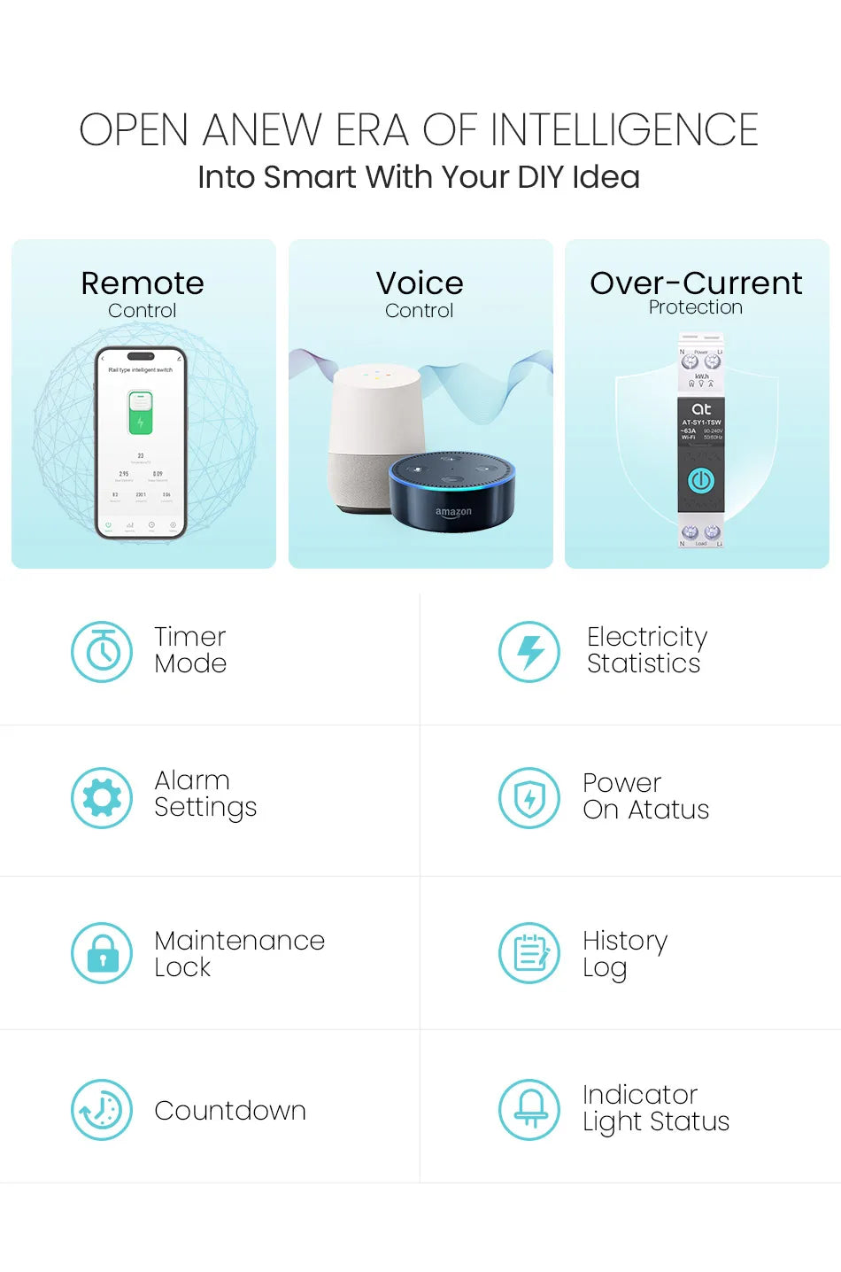 TUYA WIFI Smart Circuit Breaker Power Metering 63A 1P  DIN Rail for Smart Home wireless Remote Control Smart Switch by APP ATELE