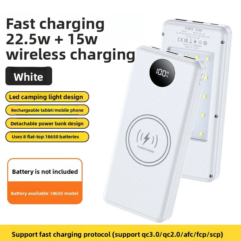 22.5W Fast Charging & Wireless Charging 18650 Battery Power Case - 8x18650 Battery Holder with Outdoor Camping LED Light