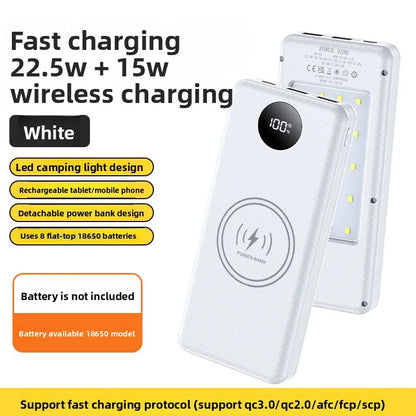 22.5W Fast Charging & Wireless Charging 18650 Battery Power Case - 8x18650 Battery Holder with Outdoor Camping LED Light