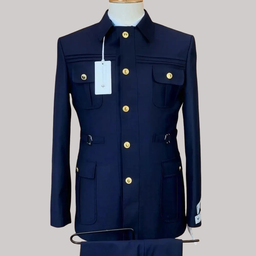 Safari Suits for Men with Stand Collar 2 Pieces Single Breasted Wedding Suit Gold Buttons Formal Casual Groom Prom Wear
