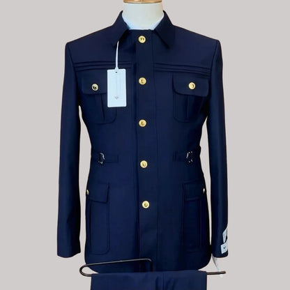 Safari Suits for Men with Stand Collar 2 Pieces Single Breasted Wedding Suit Gold Buttons Formal Casual Groom Prom Wear