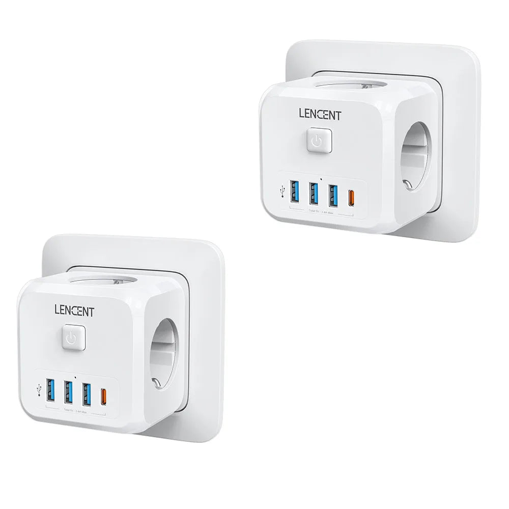 LENCENT EU Plug Power Strip with  3 AC Outlets +3 USB Charging Ports+ 1 Type C 5V 2.4A  Adapter 7-in-1 Plug Socket On/Off Switch