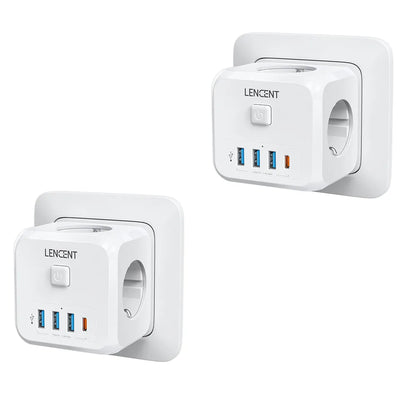LENCENT EU Plug Power Strip with  3 AC Outlets +3 USB Charging Ports+ 1 Type C 5V 2.4A  Adapter 7-in-1 Plug Socket On/Off Switch