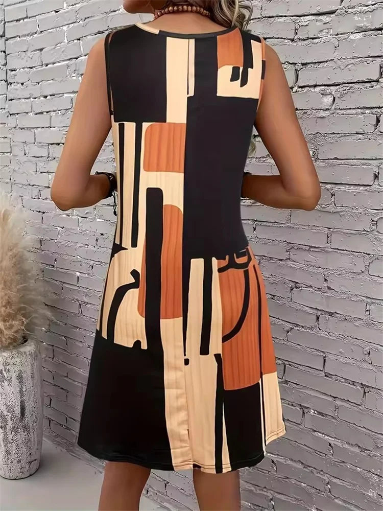 2025 New Fashion Women's Dress Casual Beach Round Neck Sleeveless Loose Dress Summer Women's Vest Striped Print Dress Sundress