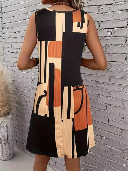 2025 New Fashion Women's Dress Casual Beach Round Neck Sleeveless Loose Dress Summer Women's Vest Striped Print Dress Sundress