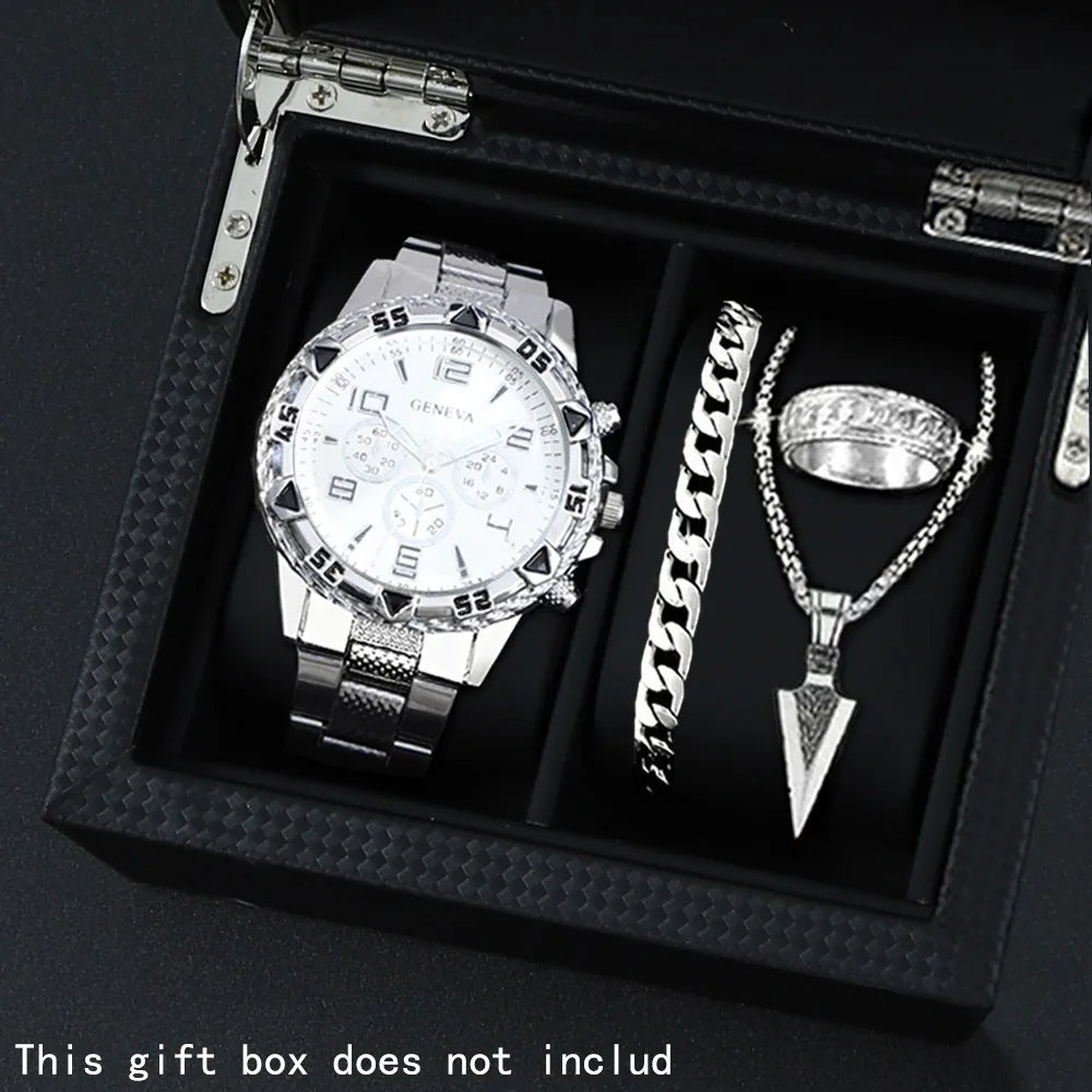 4 Pcs/Set Fashion Men's Watches  Alloy Men Quartz Wrist Watch Casual Business Mens Clock Necklace Bracelet Ring Set