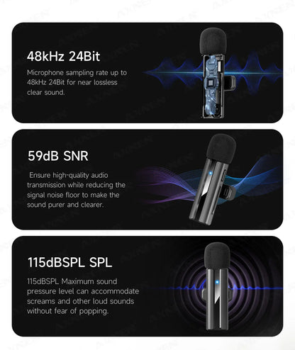 2-in-1 Wireless Lavalier Microphone for iPhone Android, Mini Pro Lapel Mic with Noise Reduction & Pickup for Vlog Live Recording