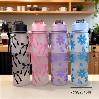 750ML Matte PC Water with Cute Bowknot Pattern Leakproof Includes Straw and Carry Handle Spring-Loaded Lid Bottle