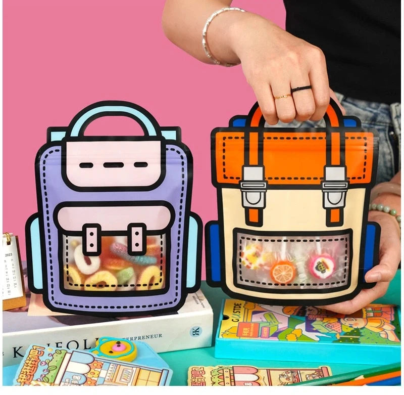 10-50 PCS Cartoon Self-Sealing Snack Bags Schoolbag Shape Biscuit Candy Handbags Children's Day Kids Birthday Gift Packaging Bag