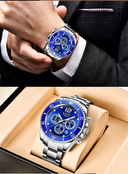 LIGE Outdoor Sport Watch For Men Fashion Military Waterproof Luminous Men Watch Round Stainless Steel Quartz Chronograph Male
