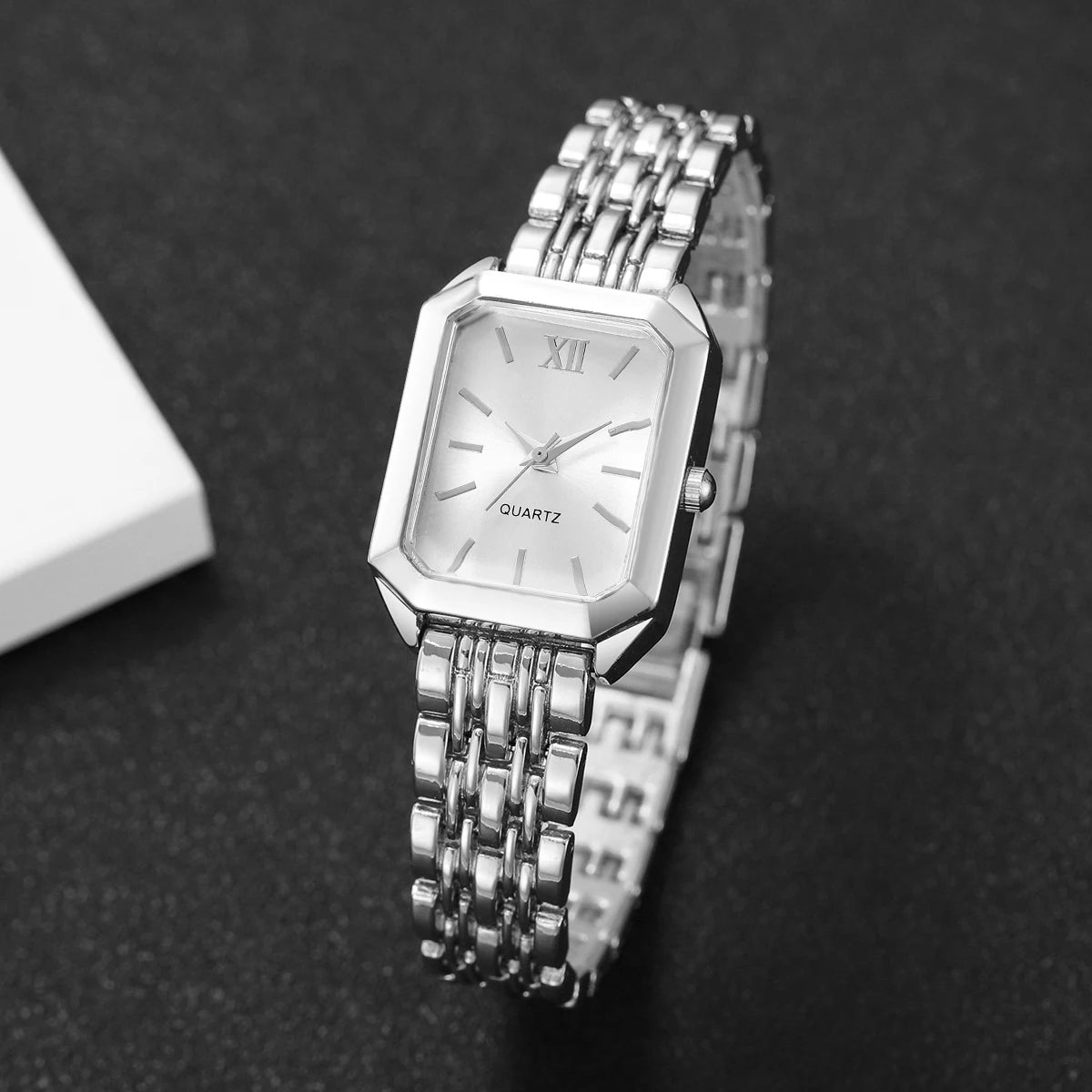 6PCS Fashion Rectangle Women Quartz Watch Bracelets Set Ladies Roma Dial Silvery Band Wristwatch Reloj Mujer(Without Box)